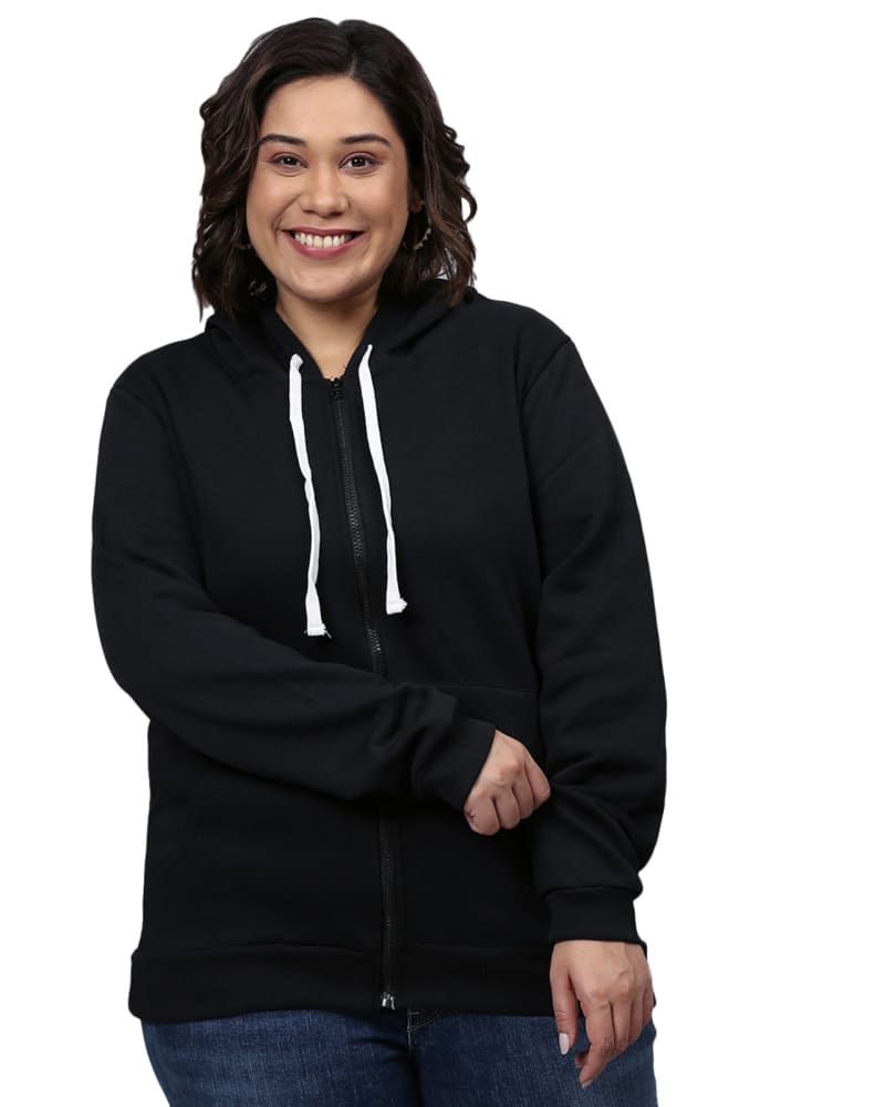 Front of a model wearing a size 5XL Solid Stylish Casual Hooded Sweatshirt in Black by Instafab Plus. | dia_product_style_image_id:258221